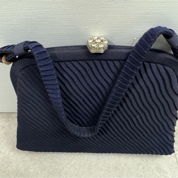 Vintage dark, navy blue frame handbag purse, rhinestone clasp - Picture 2 of 9